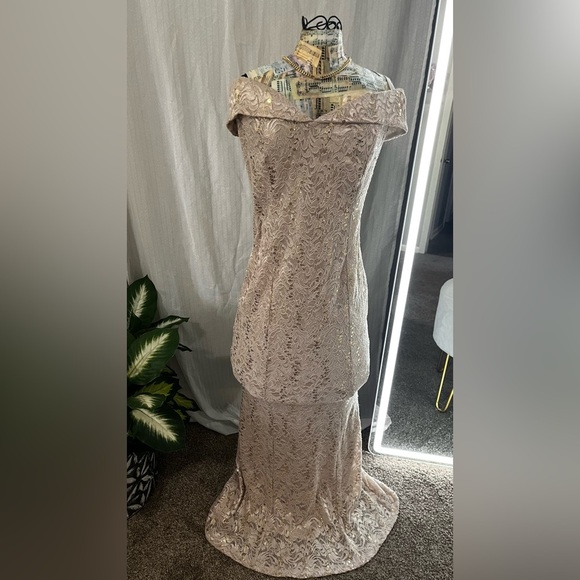 Cachet Sequin Lace Gown in Tan and Gold - Picture 2 of 10